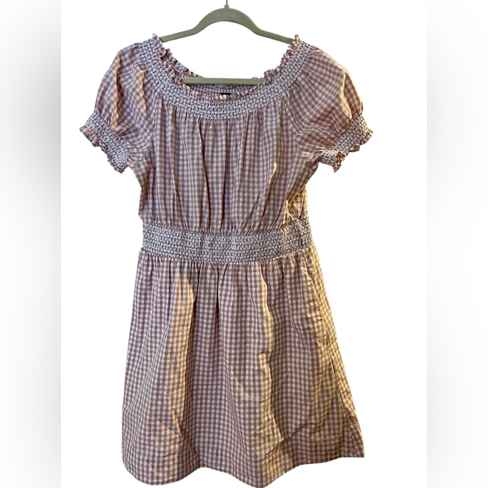 J.Crew‎ Gingham, Puffed Sleeve Cream and Tan Poplin Dress, Small - Picture 2 of 11